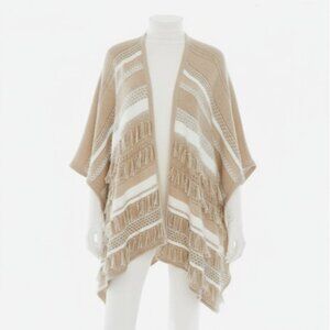 Chicos Women’s Mya Ruana Open Poncho Wrap Bohemian Textured Mixed Knit Fringe OS